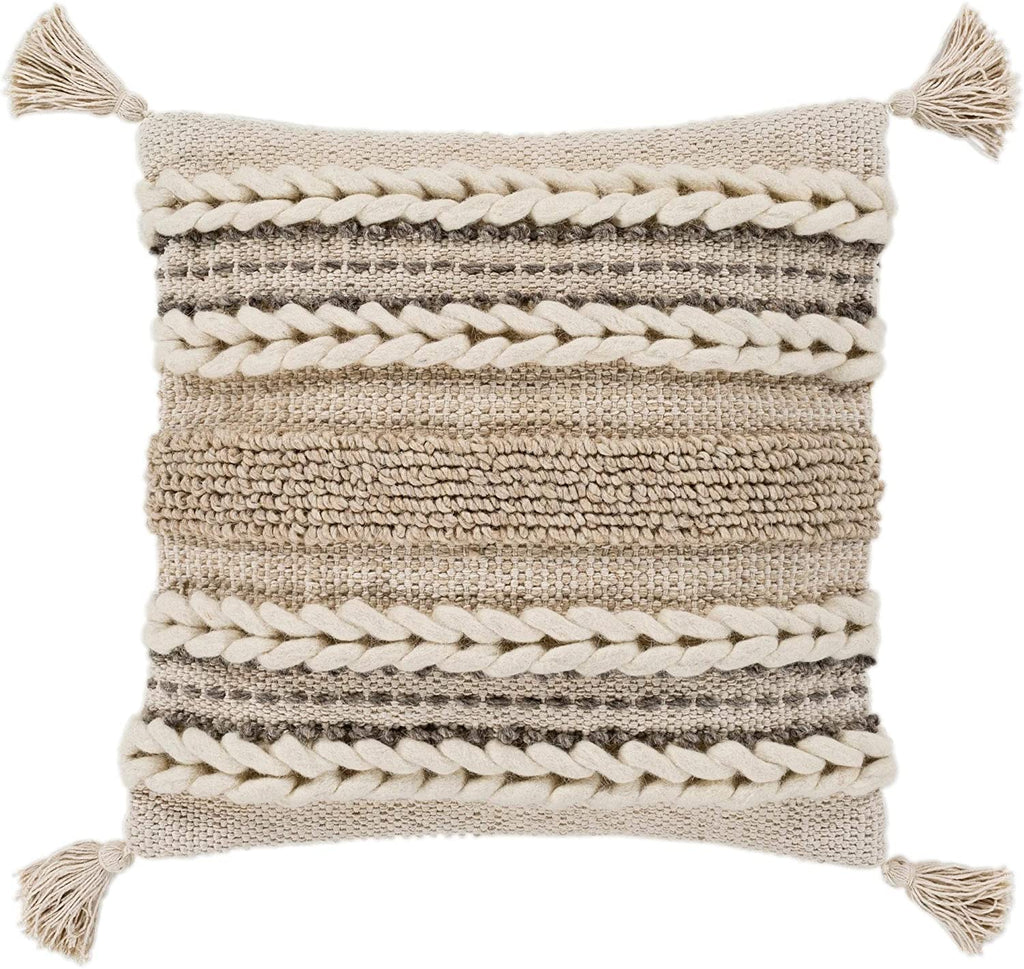 MISC Taupe Bohemian Tassel Wool Poly Fill Throw Pillow (30" X 30") Beige Ivory Textured Eclectic Cotton Single Removable Cover