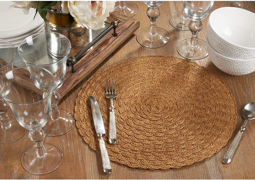 Paper Placemats Woven Design (Set 4) Brown Round