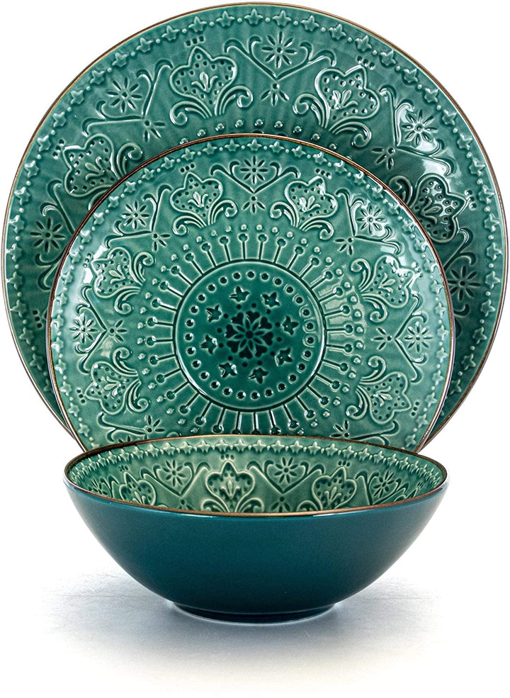 Deep Ocean Mandala 16 Pc Round Stoneware Dinnerware Set Green Blue Textured Casual Piece Microwave Safe - Diamond Home USA