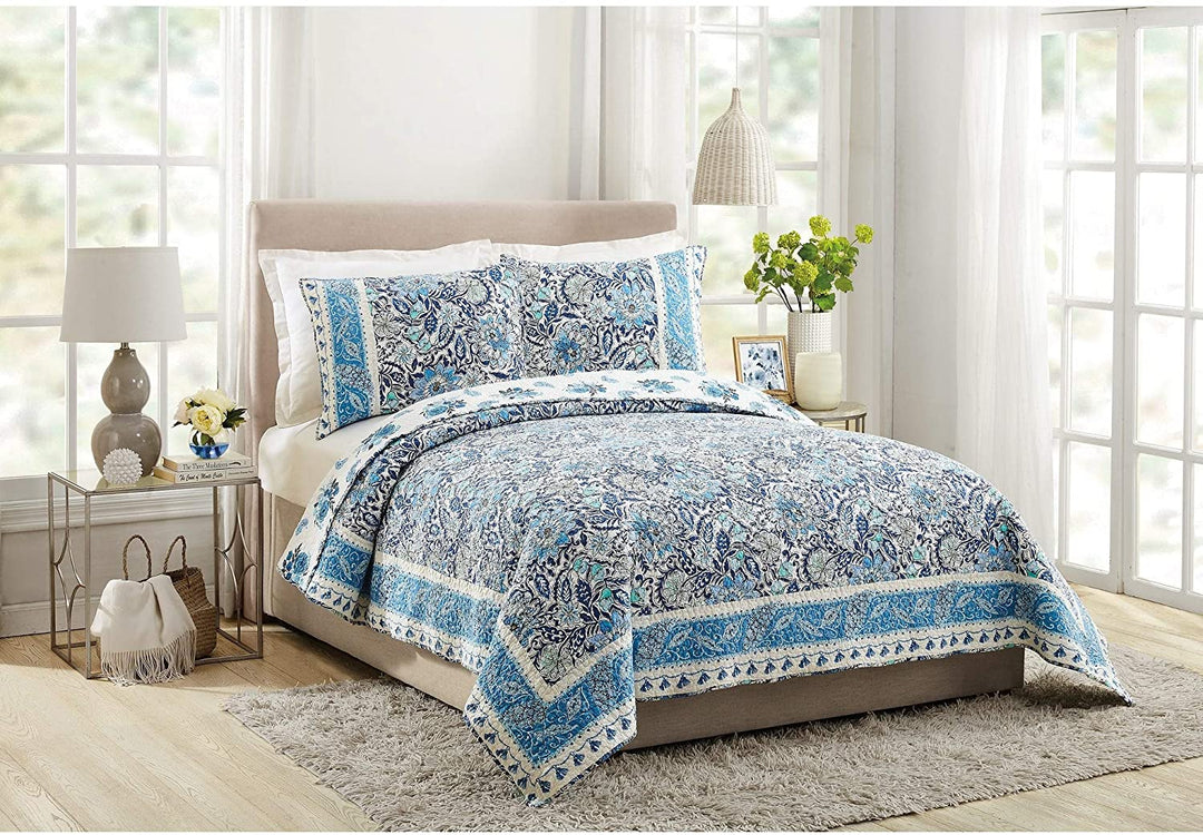 Floral Full/Queen Quilt Set 3 Pieces Blue Bohemian