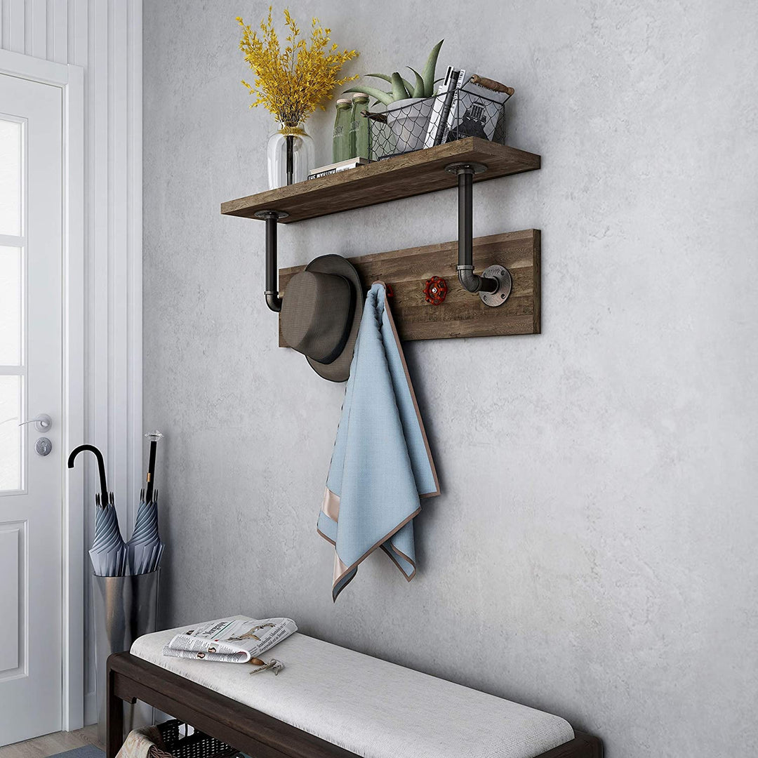 Industrial Reclaimed Oak Wall Shelf 3 Hooks Brown Rustic Metal Particle Board Finish Includes Hardware - Diamond Home USA