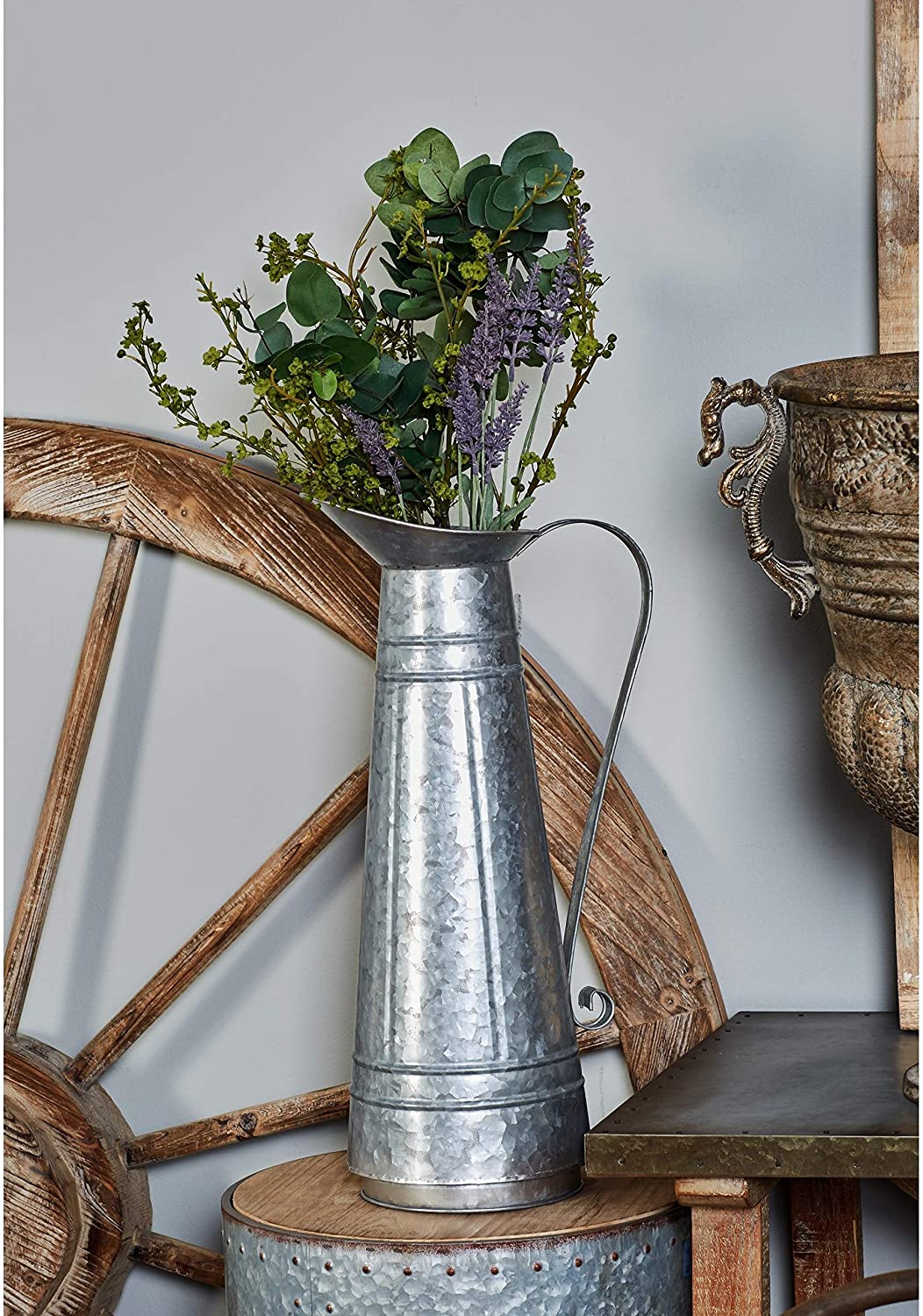 Farmhouse Tall Galvanized Metal Pitcher Vase Planter Handle 9" X 20" Silver Iron - Diamond Home USA