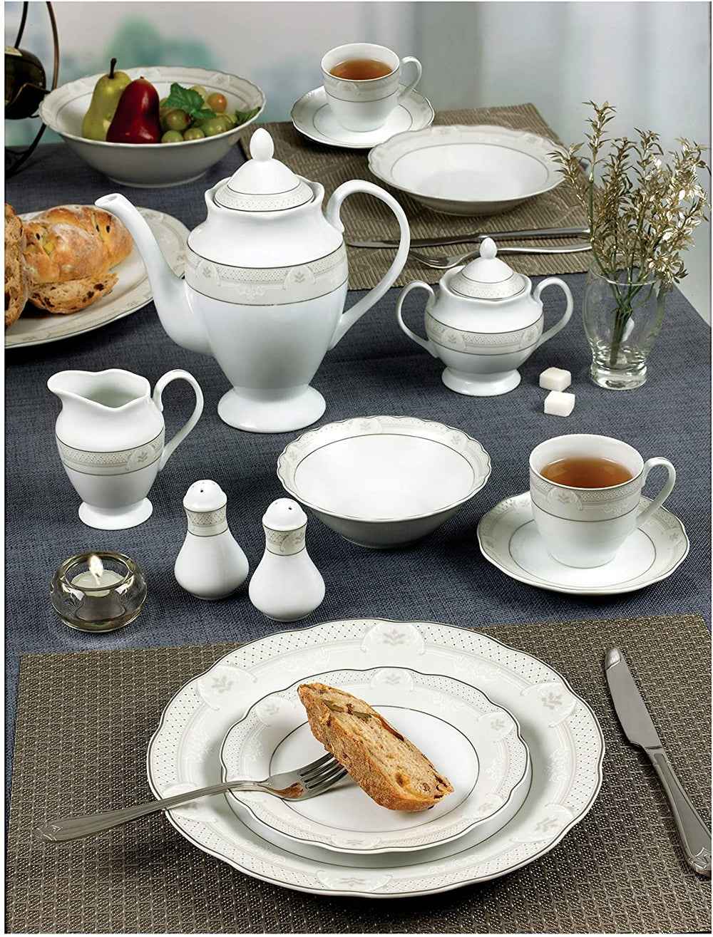 57 Piece Wavy Dinnerware Set Porcelain China Service 8 People Atara Silver Banded Casual Round Porcelain Dishwasher Safe - Diamond Home USA