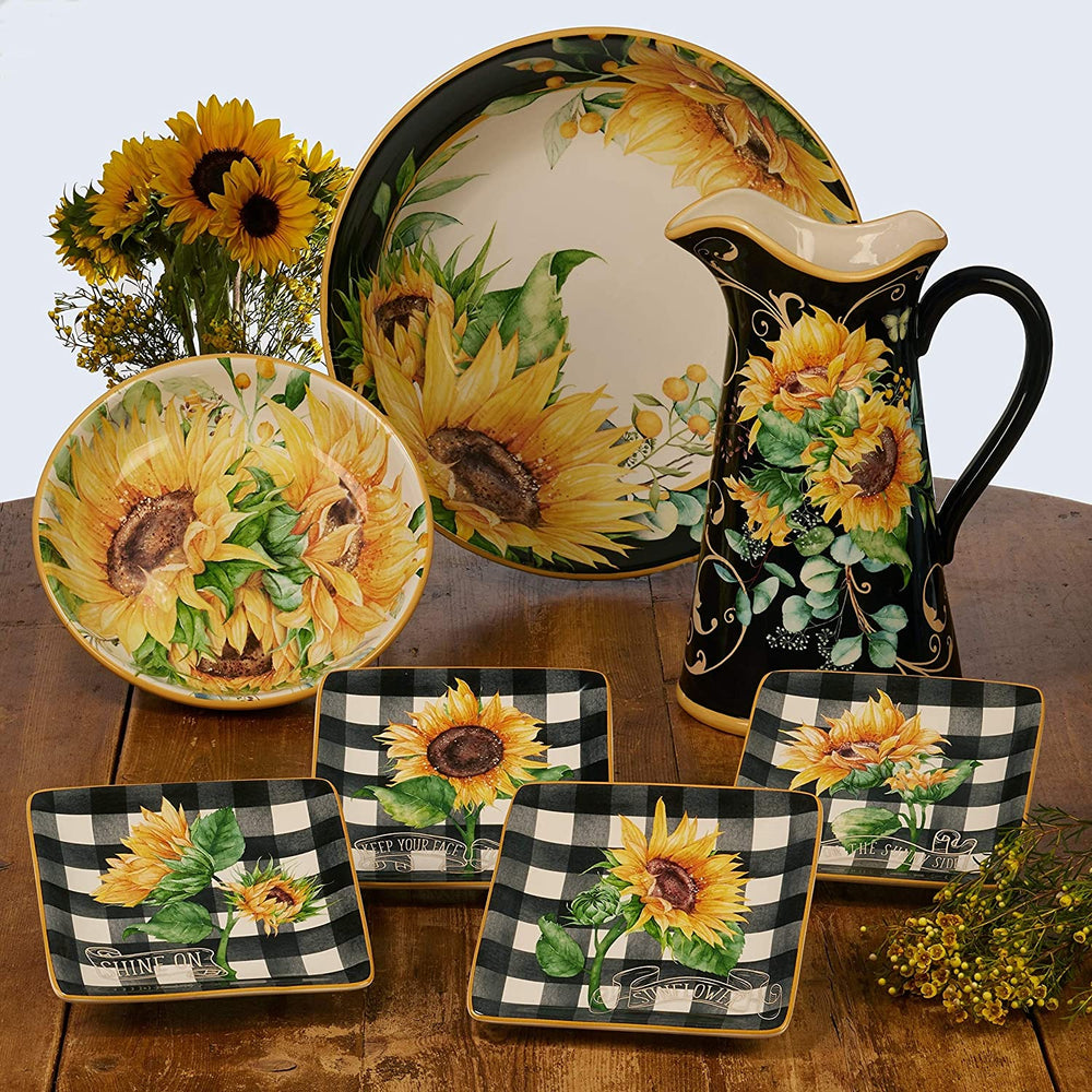 Sunflower Fields 9 inch Soup/Pasta Bowls (Set 4) Color White Yellow Floral Farmhouse Modern Contemporary Round 4 Piece Dishwasher Safe Microwave