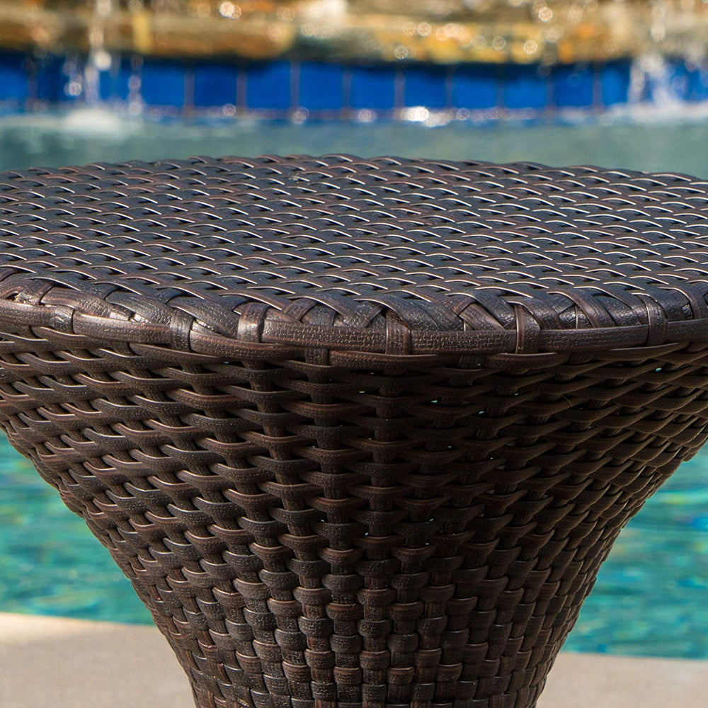 Modern Brown Wicker Hourglass Table End Poolside Patio Outdoor Drink Holder Round