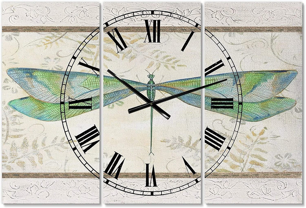 Summer Dragonfly 3' Oversized Cottage Wall Clock 3 Panels 36 Wide X 28 High Blue Farmhouse Traditional Rectangular Steel Finish Battery Included - Diamond Home USA