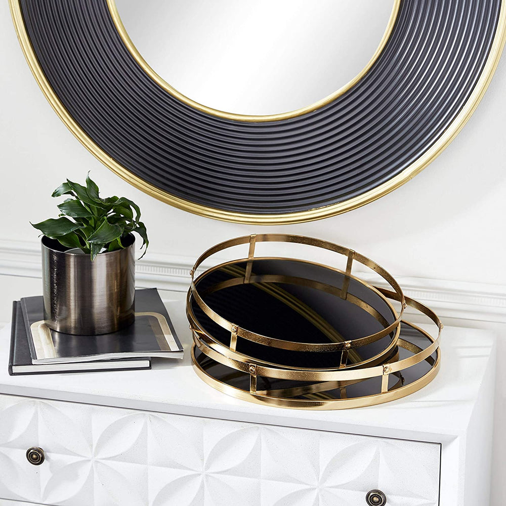 Round Gold Metal Trays Black Glass Base Set 2 14" 16" 16 X 2round - Diamond Home USA