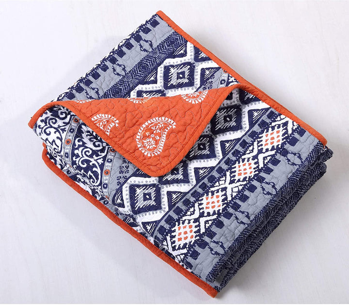 Saffron Quilted Cotton Throw Blue Orange White Damask