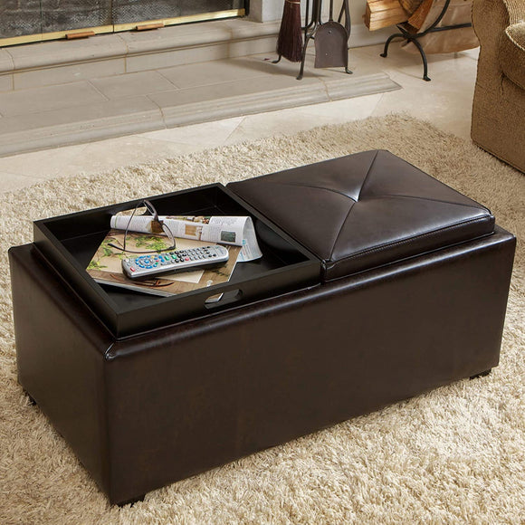 Unknown1 Brown Bonded Leather Double Tray Ottoman Modern Contemporary Solid Rectangle Wood 1 Piece Storage Top Tufted