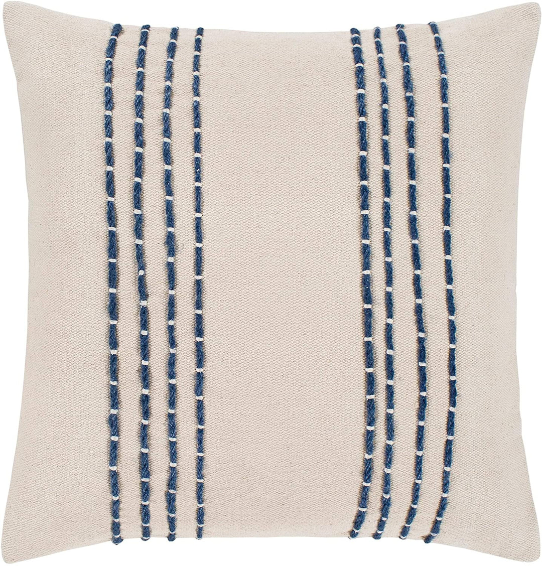 Cream Navy Hand Embroidered Feather Down Throw Pillow (22" X