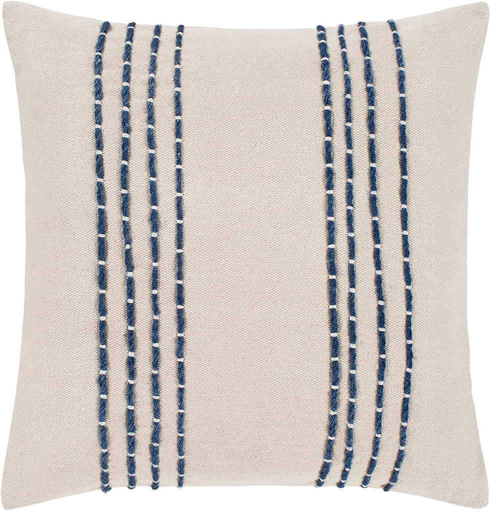 Unknown1 Cream Navy Hand Embroidered Feather Down Throw Pillow (22" X 22") Blue Off/White Textured Casual Cotton Single Removable Cover