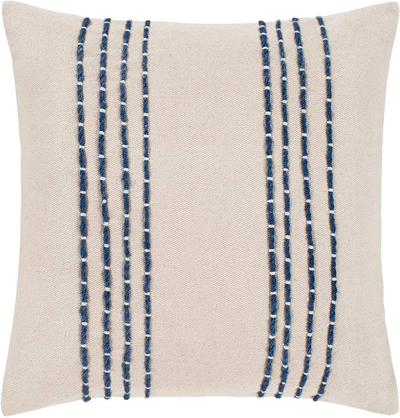 Unknown1 Cream Navy Hand Embroidered Feather Down Throw Pillow (22