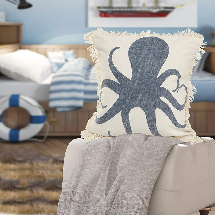 MISC Octopus Fringe Coastal Throw Pillow Blue Cream Grey Animal Nautical Tropical Cotton Single