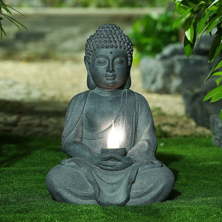 Meditating Buddha Garden Statue Solar Light Grey Oriental