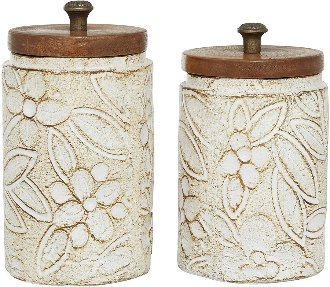 Round Rustic White Floral Carved Ceramic Jars Wood Lid Set 2