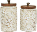 Unknown1 Round Rustic White Floral Carved Ceramic Jars Wood Lid Set 2 9" 10" 11 X 6 10 Clay