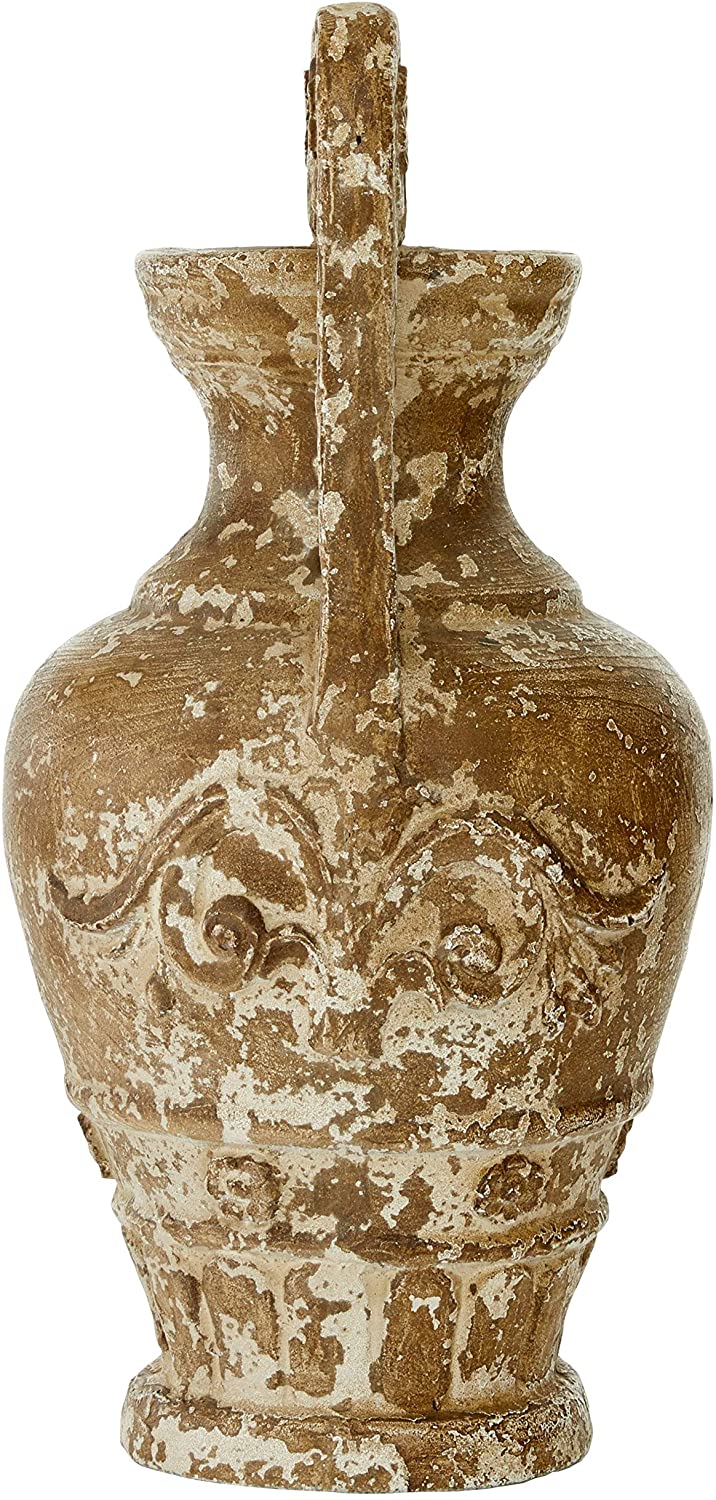 Distressed Brown White Vase W/Carved Floral Accents Farmhouse Resin