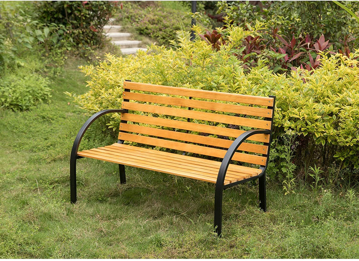 MISC Classical Wooden Outdoor Park Patio Garden Yard Bench Steel Frame Black