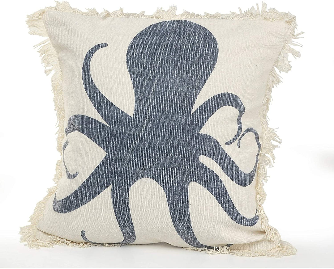 Octopus Fringe Coastal Throw Pillow Blue Cream Grey Animal