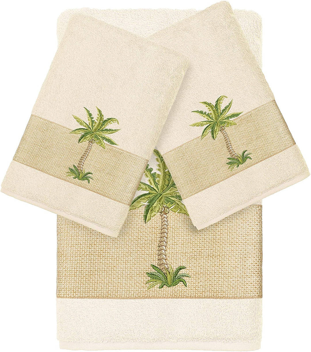 Turkish Cotton Palm Tree Embroidered Cream 3 Piece Towel Set