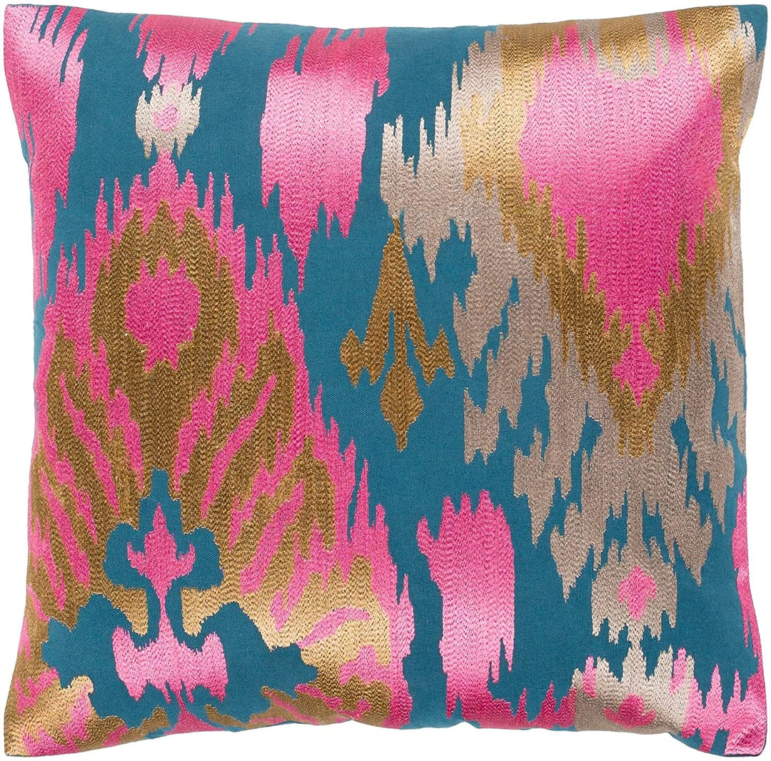 Teal Pink Embroidered Ikat Feather Down Throw Pillow (20"