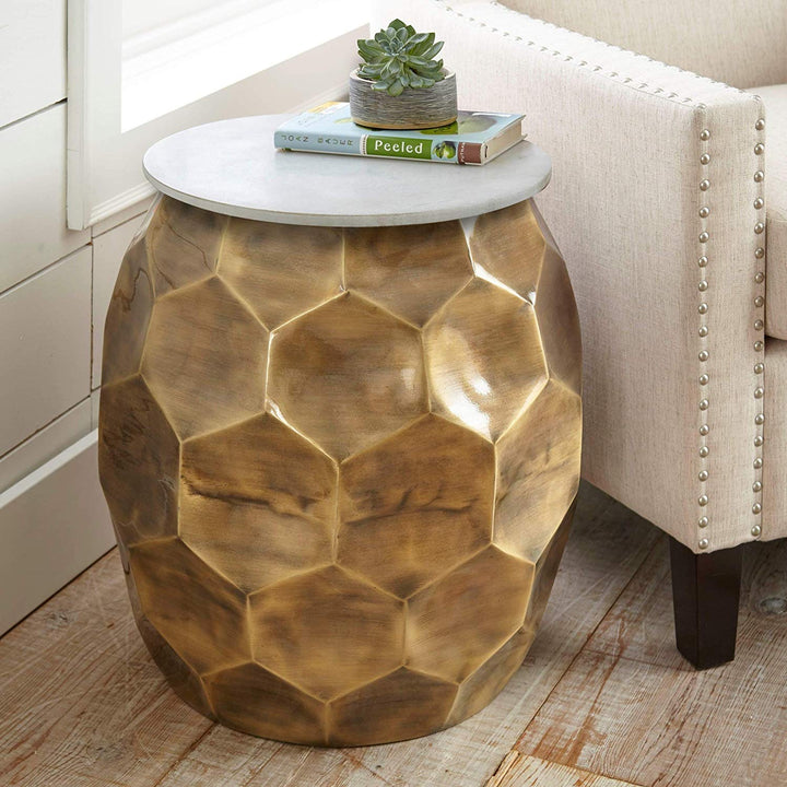 Modern Brass Drum End Table Living Room Barrel Shaped Accent