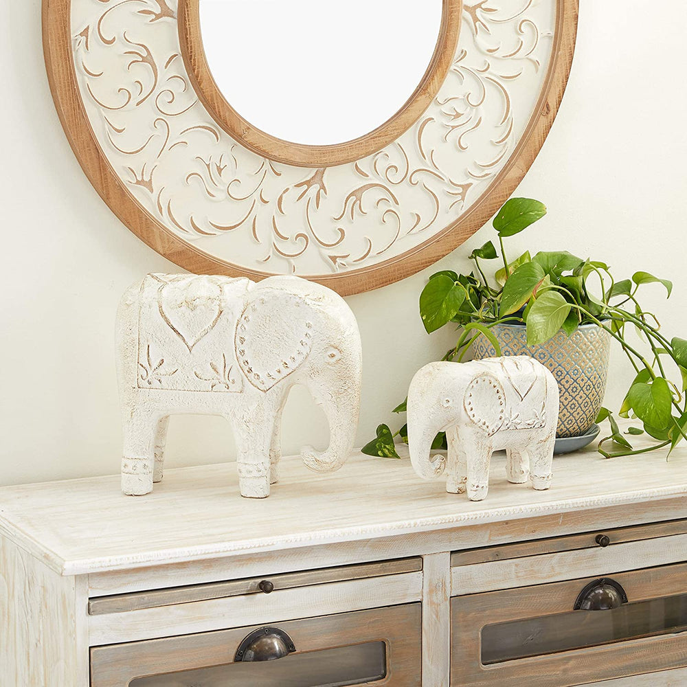 Bohemian Distressed White Ceramic Elephants Set 2 9 X 4 8 - Diamond Home USA