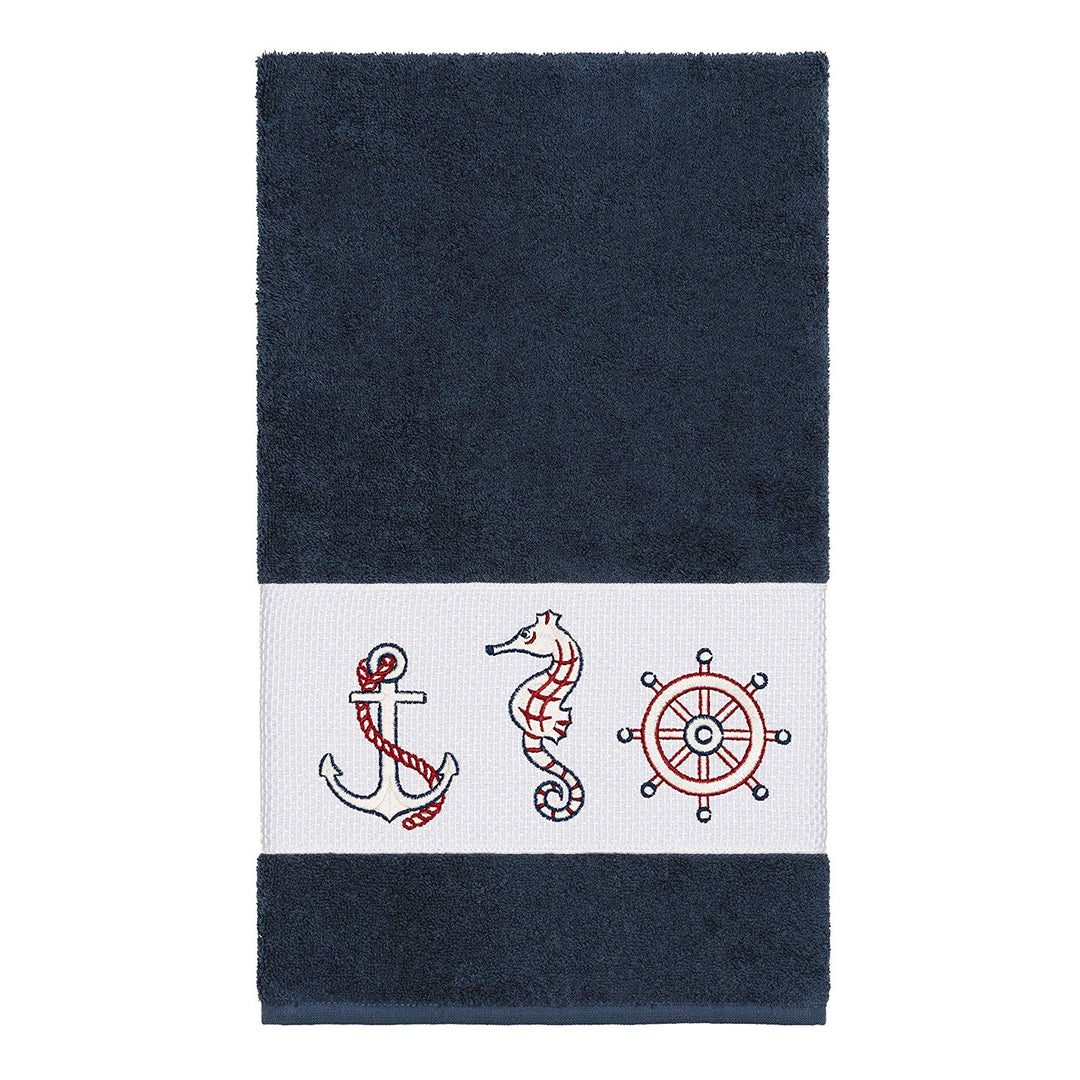 4 Piece Blue White Beach Theme Towel Set Red Black Boat Pattern Towels Coastal Nautical Anchor Patterned Sea Horse Ocean Boating Sailing Hotel