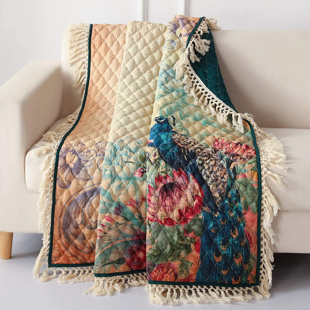 Peacock Fringed Quilted Throw Blanket Gold Bird Novelty