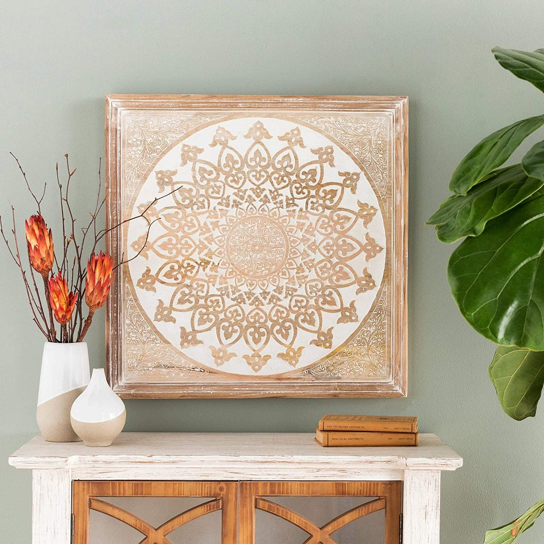 Hand Carved Wood Mandala Wall Art Brown Bohemian Eclectic