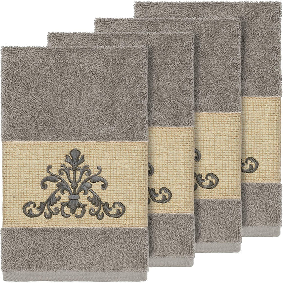 Unknown1 Grey Turkish Cotton Scrollwork Embroidered Hand Towels (Set 4)