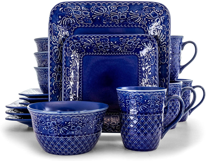 Indigo Lotus 16 Piece Square Stoneware Dinnerware Set Blue