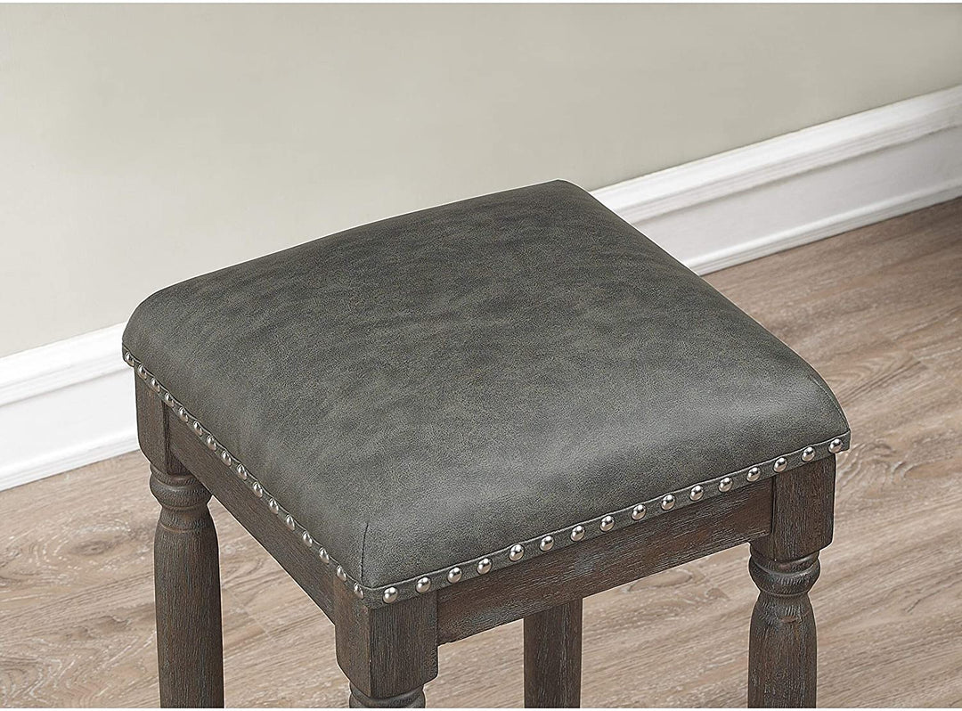 26 inch Dark Grey Leather Upholstery Counter Stool Traditional Transitional Wood Distressed Footrest