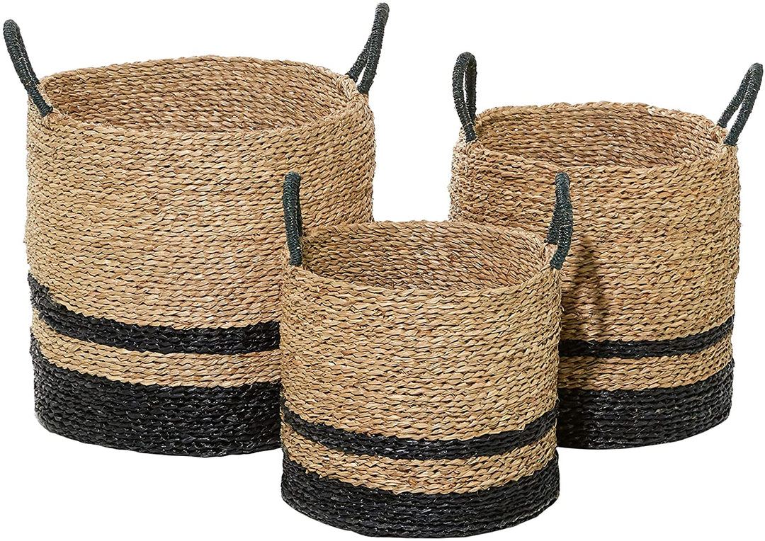 Woven Striped Round Seagrass Baskets Handles Set 3 5" 7"