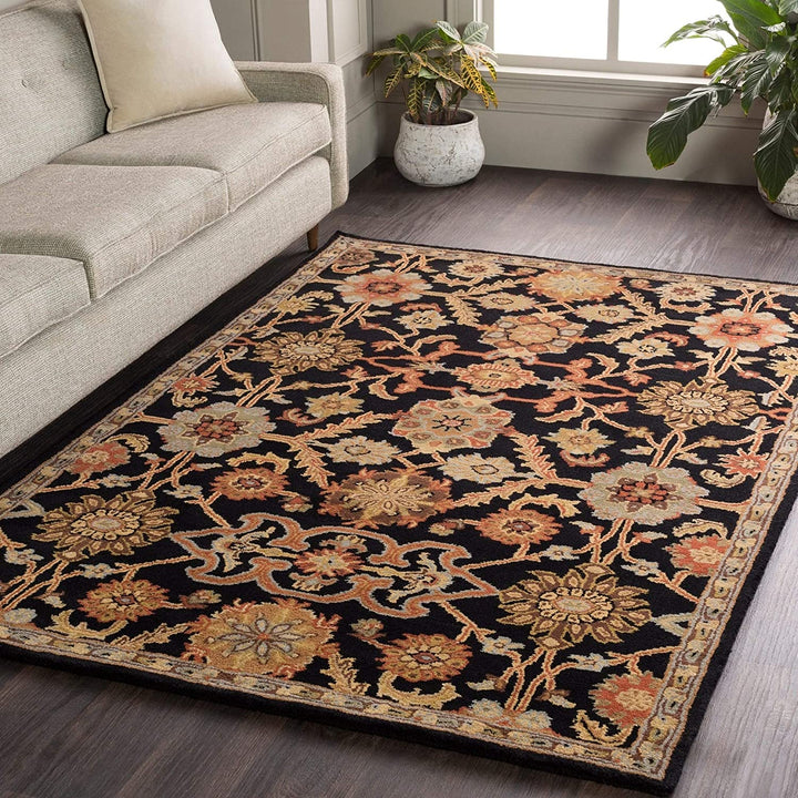 Hand Tufted Floral Wool Rug 2'3" X 8' Runner Black Border Botanical Paisley Classic Traditional Transitional Rectangle Contains Latex Handmade - Diamond Home USA