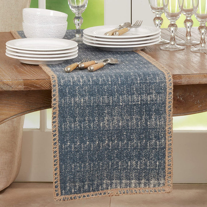 Jute Runner Whipstitch Design 13"x72" Blue Cotton