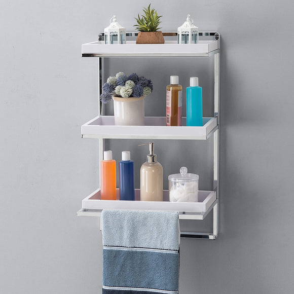 Wall Mount 3 Tier White Chrome Bathroom Shelf Towel Bar Modern Contemporary Plastic Glossy Includes Hardware