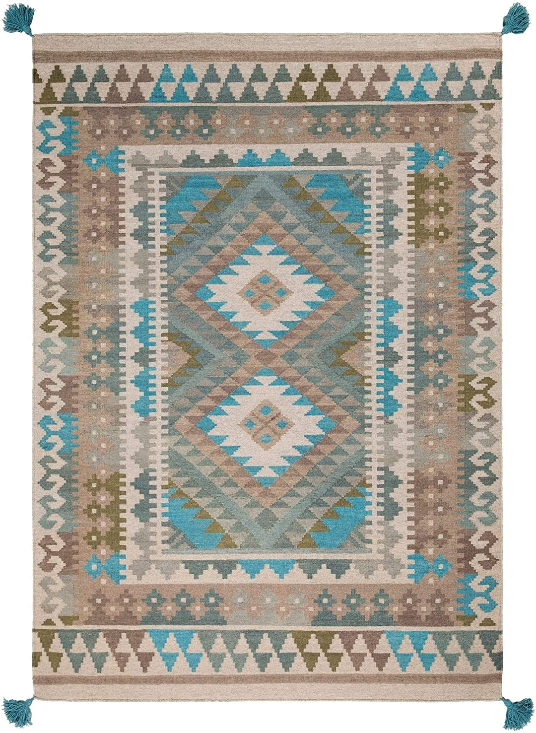 Sage Boho Handmade Wool Accent Rug 2' X 3' Blue Brown Green Bohemian Eclectic Southwestern Rectangle Latex Free