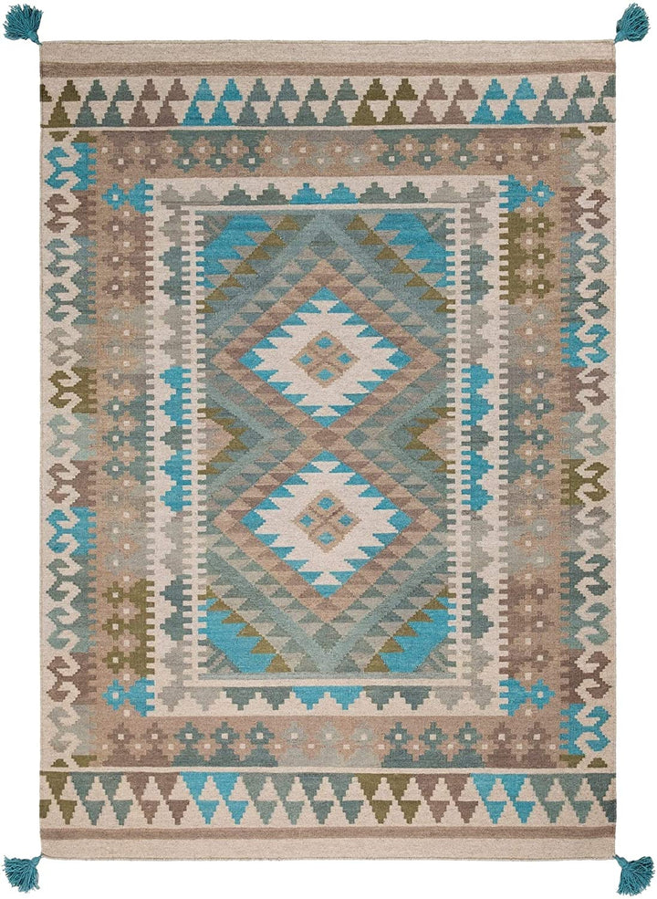 Sage Boho Handmade Wool Accent Rug 2' X 3' Blue Brown Green Bohemian Eclectic Southwestern Rectangle Latex Free