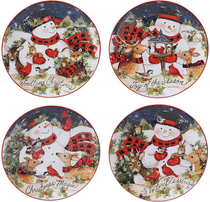 Magic Christmas Snowman 16 Piece Dinnerware Set Service 4 Green Color Red Animal Casual Modern Contemporary Round 16 Piece Dishwasher Safe Microwave - Diamond Home USA