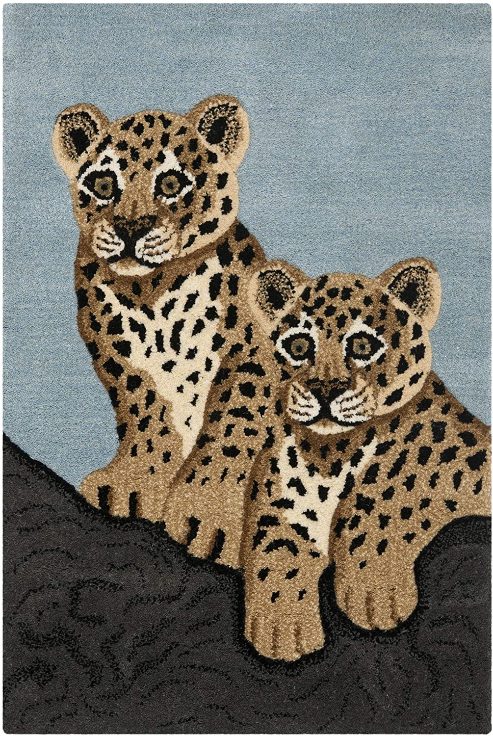 Handmade Wildlife Leopard Cubs Wool Rug 2' X 3' Blue