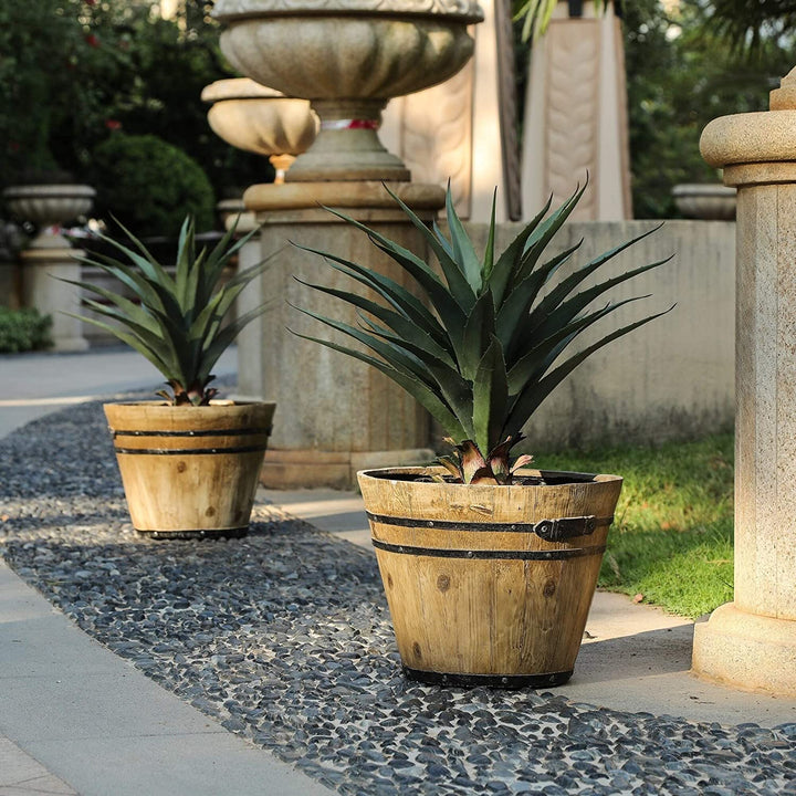 Set 2 Rustic Finish Barrel Planters Brown Farmhouse