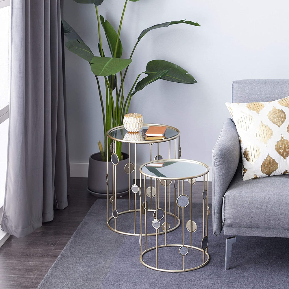 Contemporary Mirrored Round Side Tables Set 2 17 5" 19 5" 13 X 18 Color Mid Century Modern Specialty Iron - Diamond Home USA