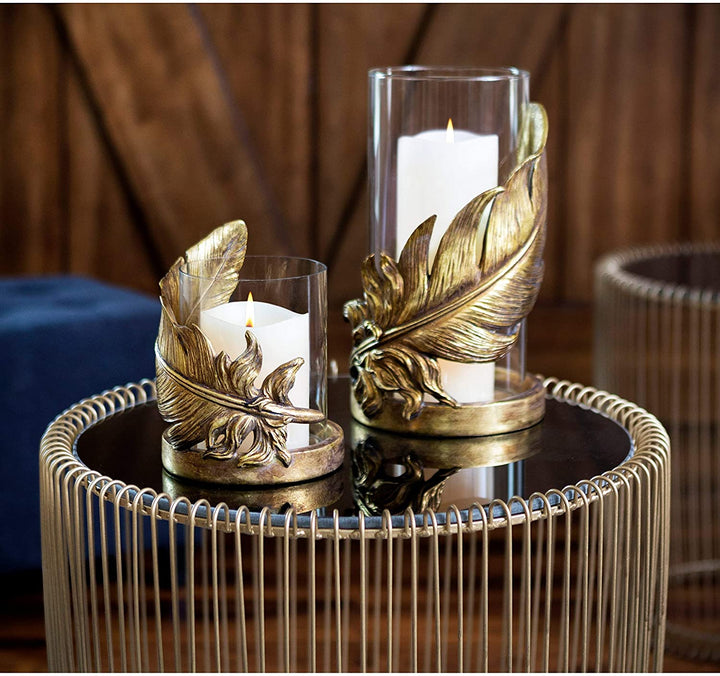 Large Metallic Gold Feather Candle Holder Hurricane Glass 6" X 10" 6 10 Traditional Polyresin - Diamond Home USA