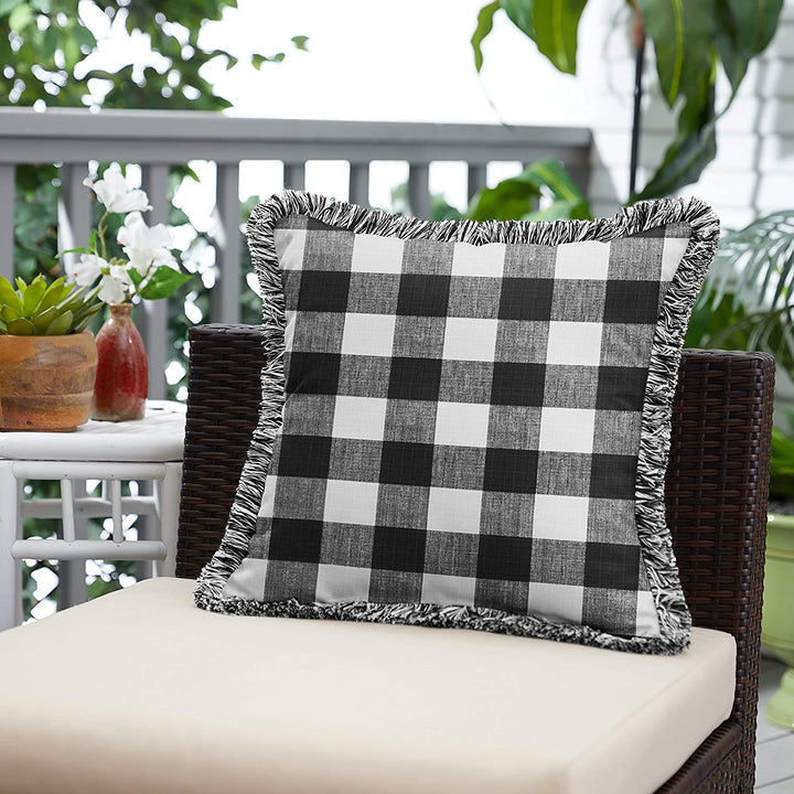 Black Plaid Indoor/Outdoor Square Pillow Fringe White