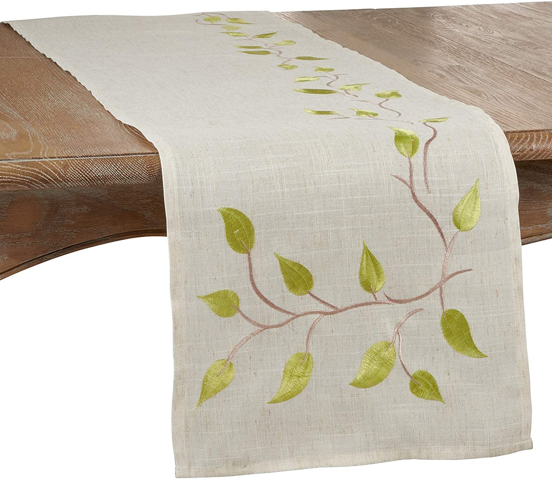 Table Runner Embroidered Vine Design Brown Linen