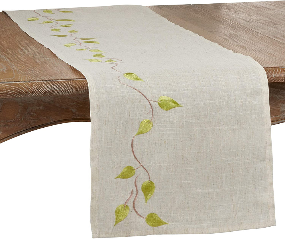 Table Runner Embroidered Vine Design Brown Linen Polyester