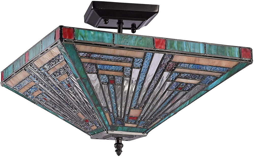 2 Light Mission Stained Glass Semi Flush Mount Color Mission Craftsman Tiffany Art Metal Dimmable