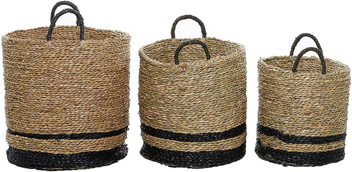 Woven Striped Round Seagrass Baskets Handles Set 3 15" 17" 18" 16 X 18round Black - Diamond Home USA