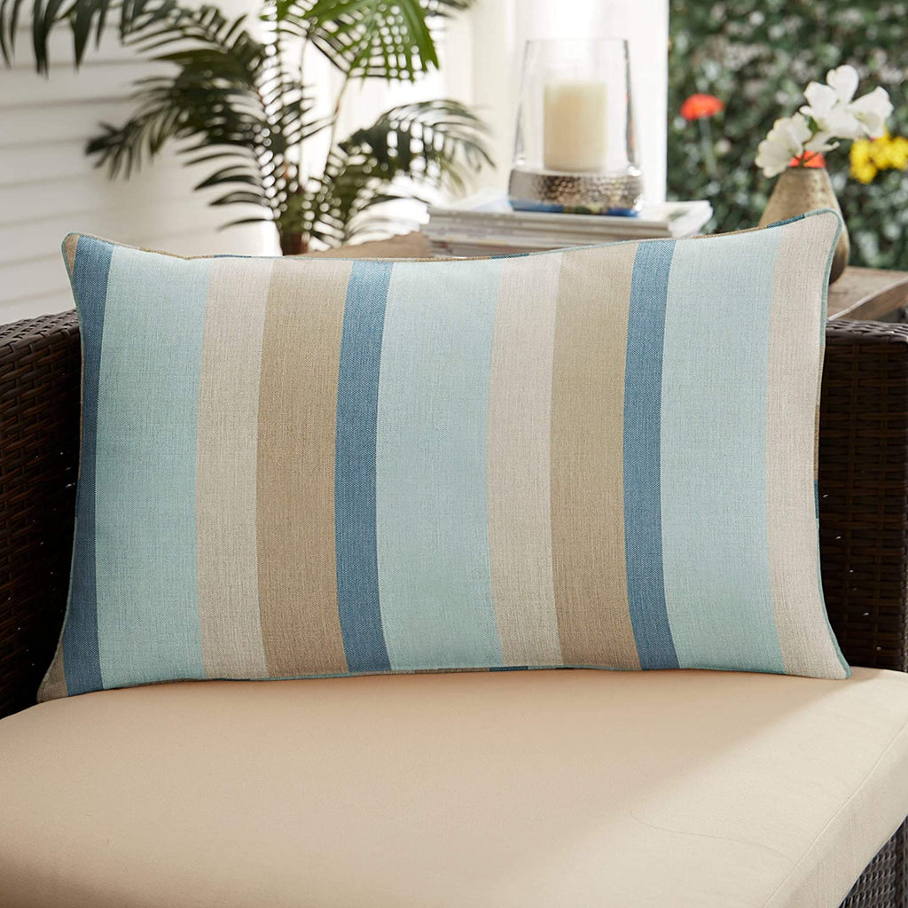 Unknown1 Gateway Mist Indoor/Outdoor Corded Pillow 16 X 26 Blue Tan Striped Transitional Synthetic Fade Resistant Uv